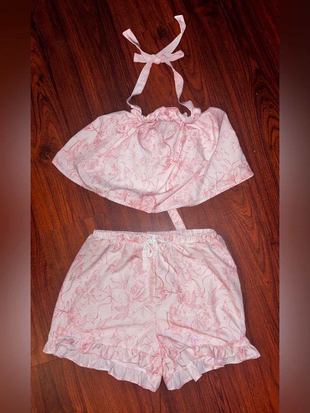 Women’s Pink Floral Halter Sleep Set/ boutique ruffled 8 oaks style